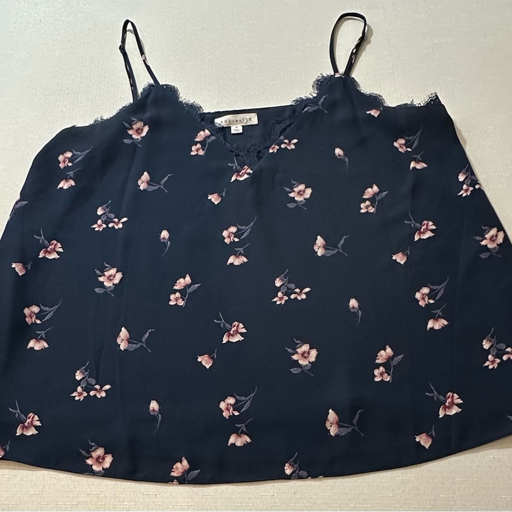 Socialite Floral Lace Trim Camisole Tank Top Navy Blue Pink Women’s XL